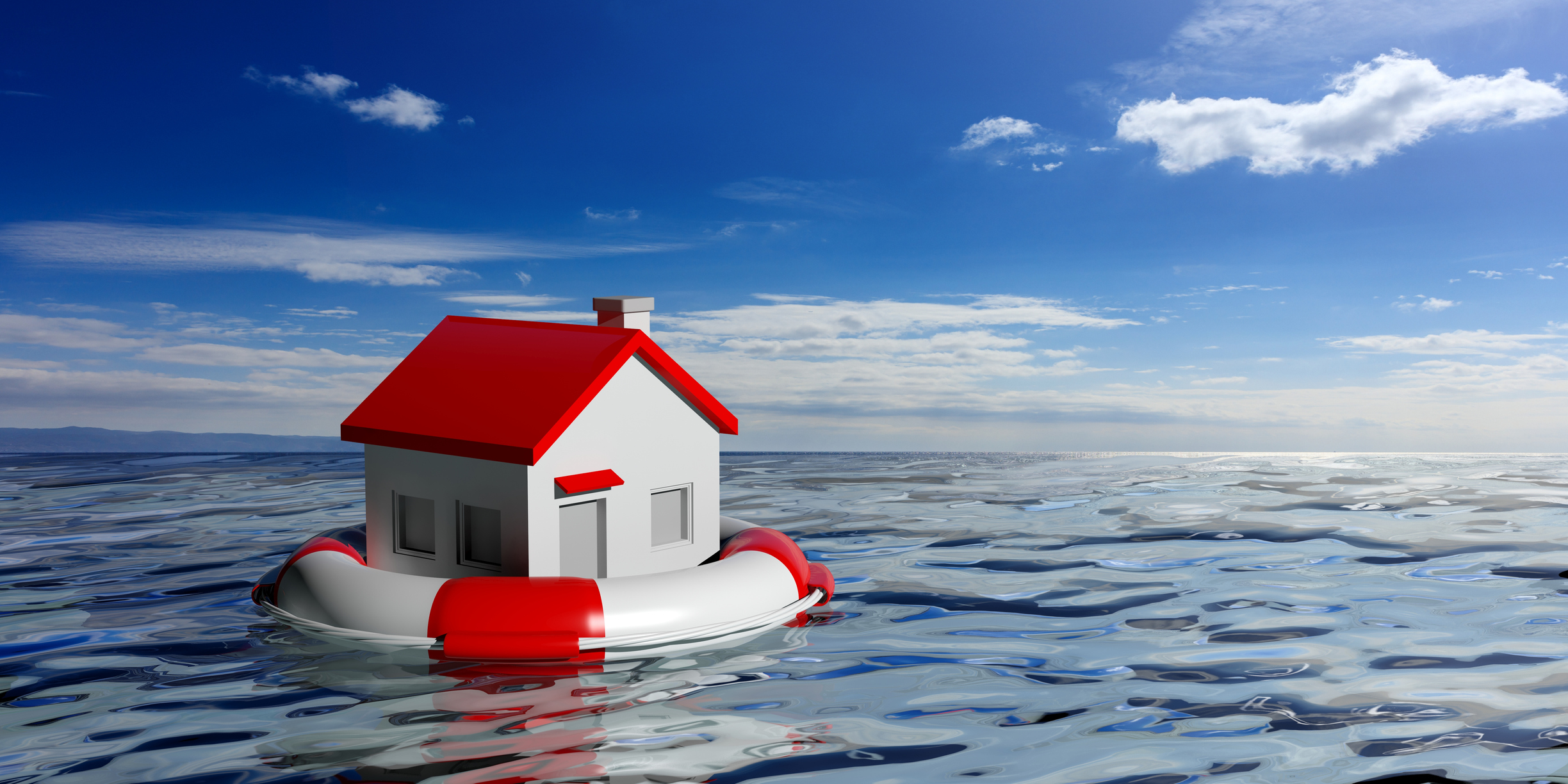Life buoy and a small house on blue sea background. 3d illustration
